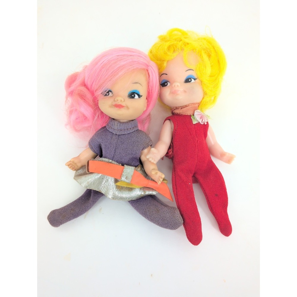 Vintage 1969 Remco Finger Ding Dolls Hand Puppet Toys Girl Doll Pink Yellow Hair